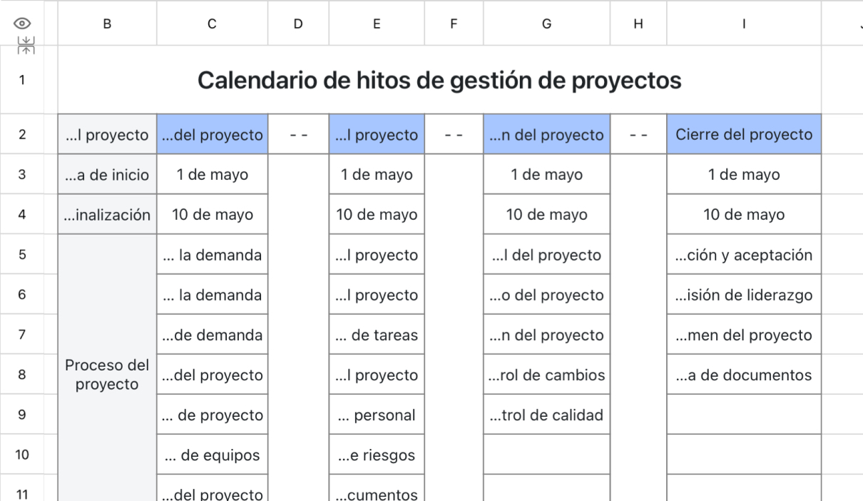 Calendario de hitos de gestión de proyectos